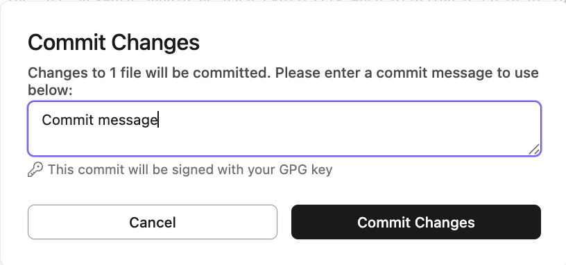 Commit Changes pop up box to commit your changes