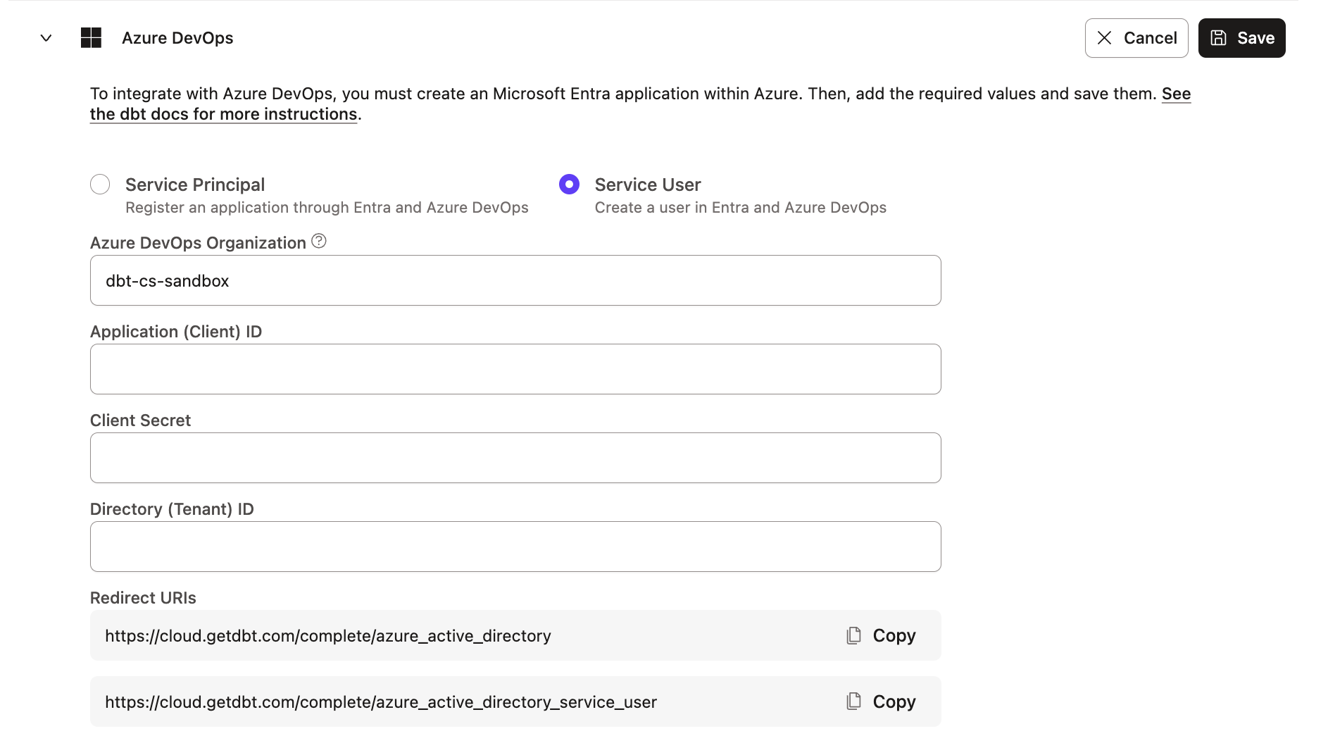 Connecting an Azure Service User