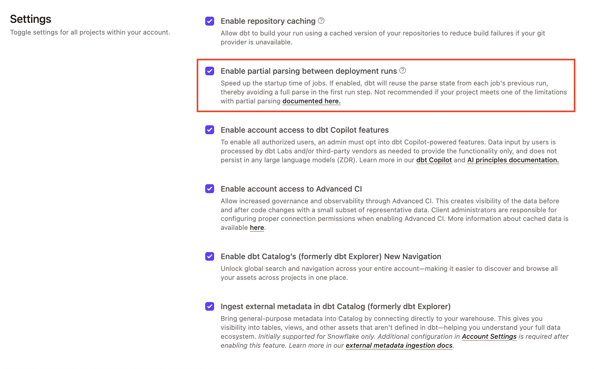 Example of the Enable partial parsing between deployment runs option
